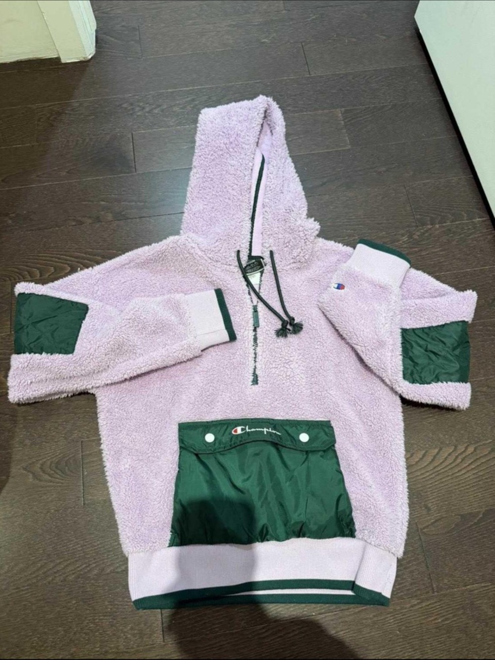 Champion Lavender Sherpa Hoodie with Green Pocket Accents